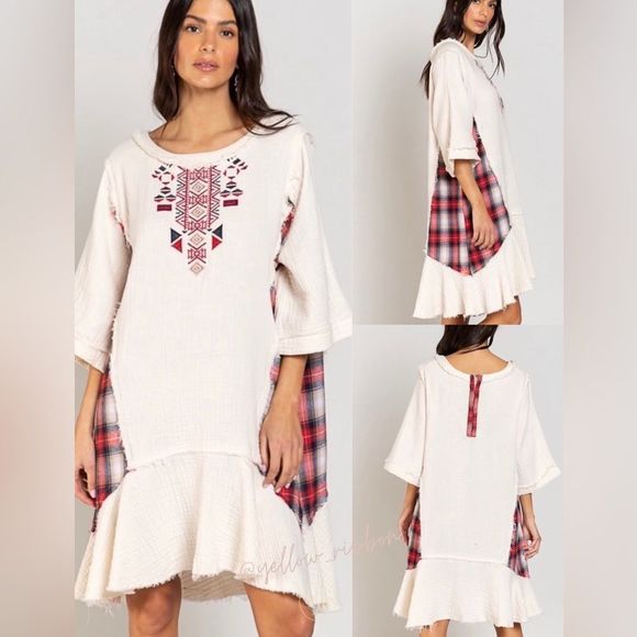 🆕 POL | Aztec Embroidered Detail Mini Dress Plaid Contrast - Picture 2 of 5